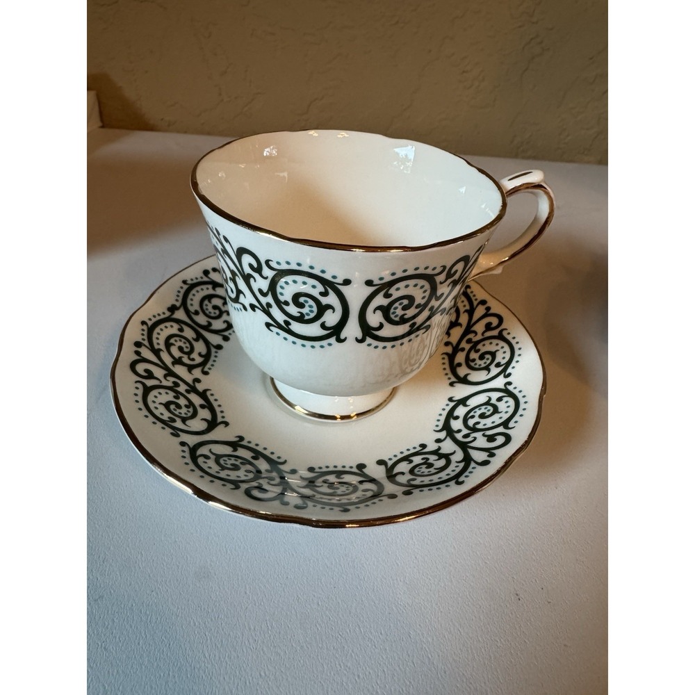 Vintage Duchess Bone China Teacup Saucer Sherwood 301 Green Scroll England